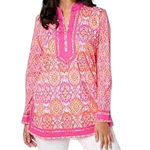 BELLISIMA BY KIM GRAVEL BOUTIQUE RIBBON TRIMMED ORANGE & PINK TUNIC SZ LG EUC